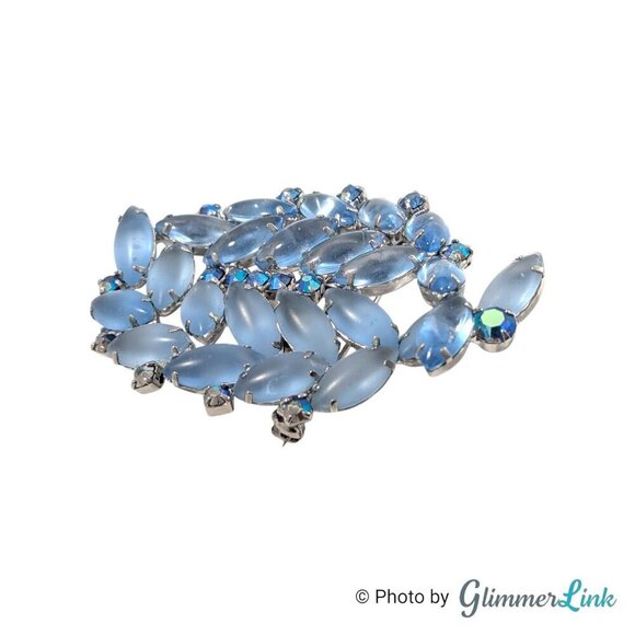 VTG Blue Navette & Aurora Borealis Rhinestones Silver Tone Mid Century Brooch - Picture 4 of 11